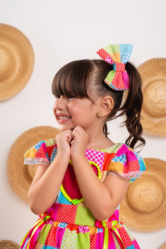 Vestido luxo infantil festa junina + laço de cabelo xadrez rosa Neon - comprar online