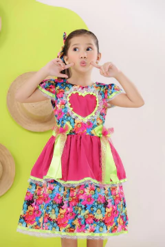 Vestido luxo infantil festa junina + laço de cabelo floral pink - Flor e Liz Boutique