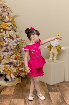 Conjunto infantil bordado + laço de cabelo rosa pink - comprar online