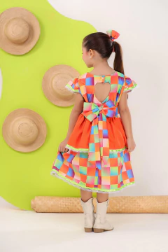 Vestido festa junina + laço de cabelo xadrez laranja neon na internet