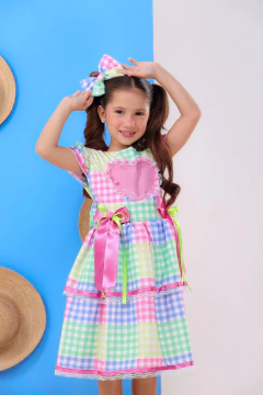 Vestido luxo infantil festa junina + laço de cabelo xadrez rosa - loja online
