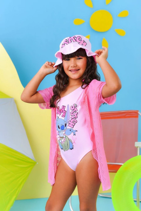 Maiô infantil + saída de praia + chapéu Lilo e Stitch