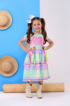 Vestido luxo infantil festa junina + laço de cabelo xadrez rosa - Flor e Liz Boutique