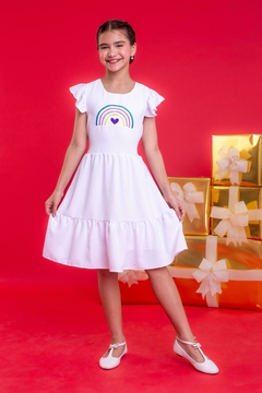 Vestido infantil arco-íris branco ano novo