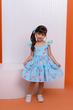 Vestido + laço de cabelo Floral azul arco-íris