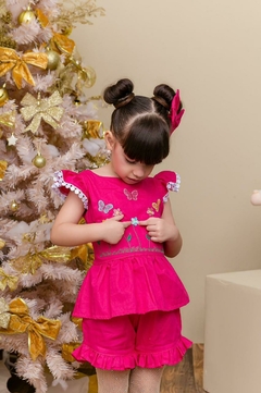 Conjunto infantil bordado + laço de cabelo rosa pink - Flor e Liz Boutique