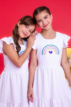 Vestido infantil arco-íris branco ano novo na internet