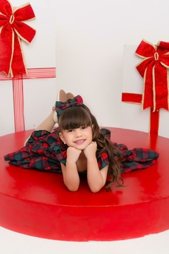 Vestido + laço de cabelo xadrez vermelho natal na internet