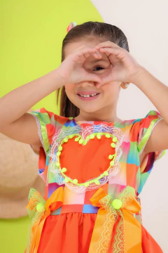 Vestido festa junina + laço de cabelo xadrez laranja neon - Flor e Liz Boutique