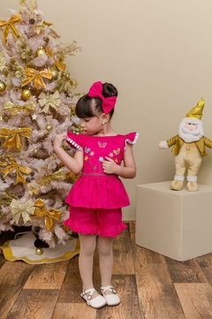 Conjunto infantil bordado + laço de cabelo rosa pink