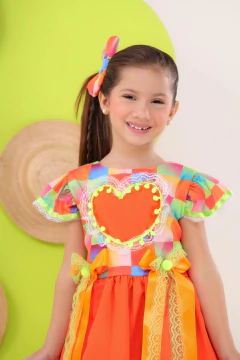 Vestido festa junina + laço de cabelo xadrez laranja neon - loja online
