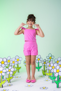 Conjunto Infantil em tricoline rosa