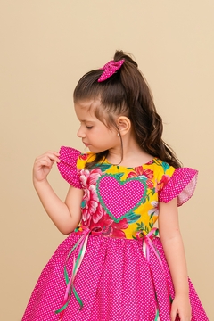 Vestido festa junina infantil + laço de cabelo floral amarelo com Poá rosa - comprar online