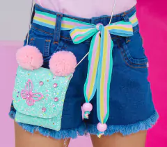 Short jeans infantil menina+ cinto + bolsa