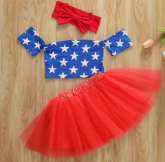 Conjunto Cropped + Saia Tule +Turbante Mulher Maravilha - Flor e Liz Boutique