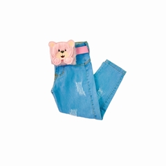 Calça jeans infantil ursinho + cinto com pochete
