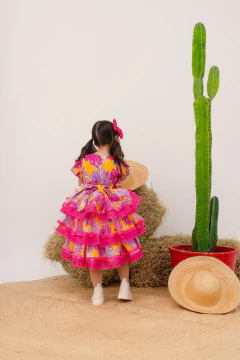 Vestido Luxo festa junina com babados + laço de cabelo floral amarelo com rosa na internet