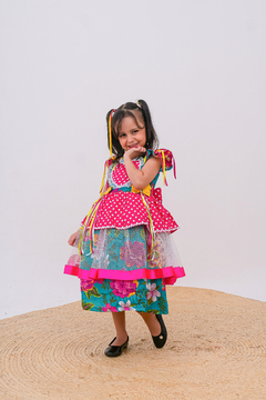 Vestido festa junina Luxo floral verde com póa rosa - Flor e Liz Boutique