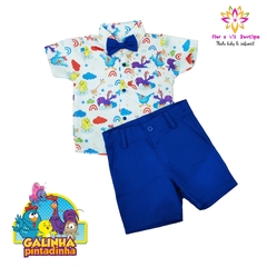 Conjunto Camisa + gravata + bermuda Galinha Pintadinha