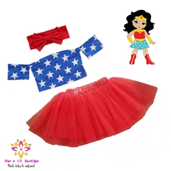 Conjunto Cropped + Saia Tule +Turbante Mulher Maravilha - comprar online