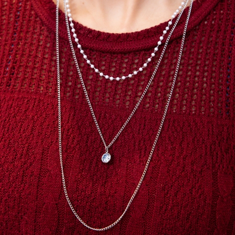 Colar Três Voltas Mini Pérolas e Zircônia 8mm em Aço Inox GLL67