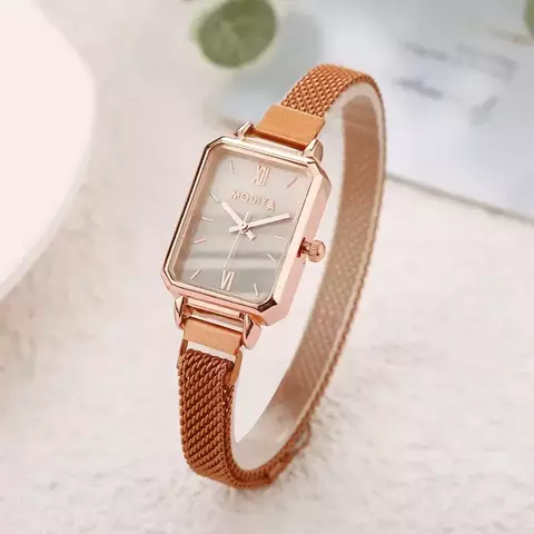 Relógio Feminino com Pulseira De Malha De Aço Design Quadrado Moderno de Quartzo, Elegância e Sofisticação