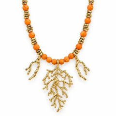Colar Longo Pedra Laranja com Coral no Dourado