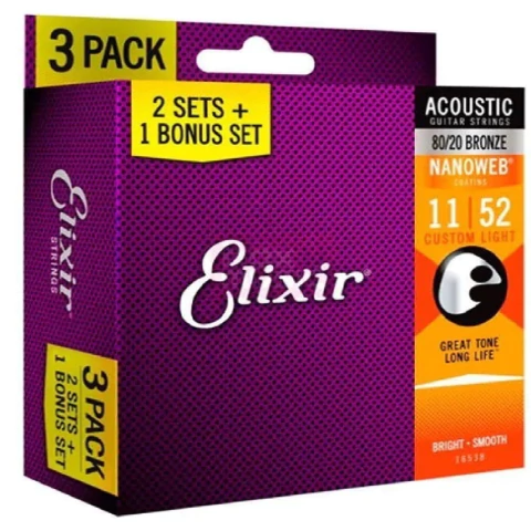 Encordoamento Elixir O11, p/ Violão Aço, Custom Light Bronze 80/20 Nanoweb (Pack C/ 03 Unid.) - comprar online