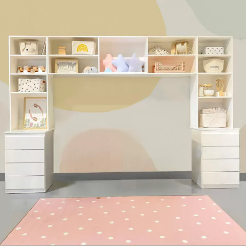 Modular Pleno Biselado blanco con 2 columnas con estantes y cajones y un colgante 