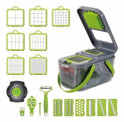 Conjunto Cortador e Ralador Multifuncional Manual 16 Peças - Cinza com Verde - WD