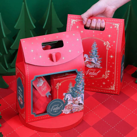 Kit de 10 sacolas de presente natalinas vermelhas com alça e visor, decoradas com árvore de Natal e mensagem Feliz Natal