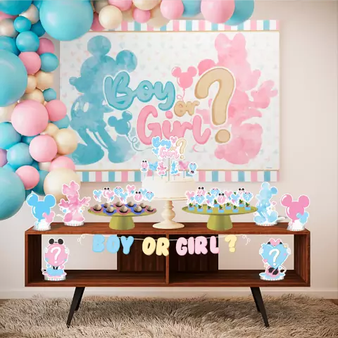 Perfeito para celebrar Chá revelação em grande estilo, com painel Mickey e Minnie, esse SUPER KIT conta com enfeites para mesa, toppers para bolo, apliques decorativos para docinhos, faixa “Boy or Girl” exclusiva, em EVA de Glitter, proporcionando muito m