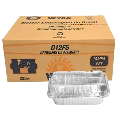 Marmita Alumínio Forneável 220ml Com Tampa PET - WYDA D12FS  Perfeita para praparar e vender bolos e tortas, pode ir aos fornos convencionais, elétricos e microondas (conforme instruções do vídeo), e também ao freezer para congelamento, a tampa alta em pl