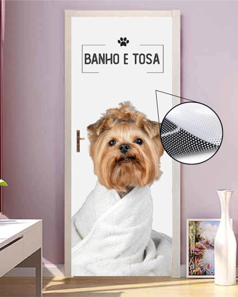 Adesivo PERFURADO banho e tosa pet shop yorkshire para vidro AP42