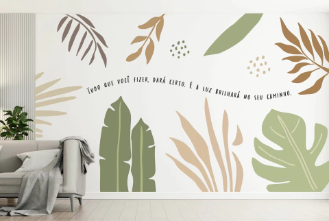 Papel de Parede Boho Folhagem com Frase Motivacional – “Tudo que Fizer Dará Certo” BF60 - comprar online