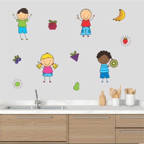 Papel de parede infantil divertido com frutas e crianças coloridas - R61 - comprar online