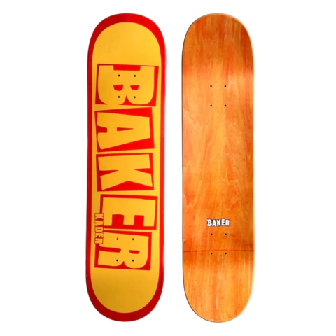 Shape de skate Baker Kader amarelo e vermelho 8.25 polegadas, exibindo o logo Baker em destaque