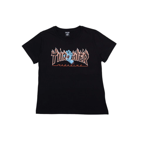Camiseta feminina manga curta preta da marca Thrasher em colaboração com a marca Santa Cruz. Possuí modelagem regular.