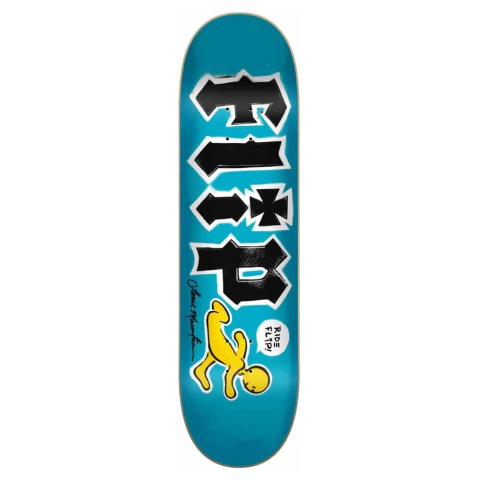 Shape Flip Doughboy 8.25 com fundo azul, logo Flip em preto e branco e ilustração de boneco amarelo.