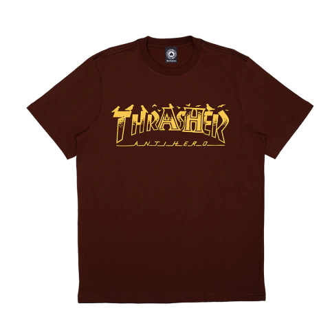 Camiseta Thrasher Anti Hero Pigeon laranja masculina com estampa amarela no peito.