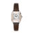 Women’s boxy Romain watch featuring a brown leather strap, two-tone square case, and Roman numeral dial