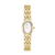 Relógio feminino pequeno oval mini dourado com pulseira de elos e mostrador branco minimalista.