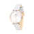 Relógio feminino minimalista com pulseira de couro cinza e caixa rosé gold, modelo Blanche, da Saint Germain.