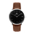 relogio minimalista pulseira couro marrom fundo preto com prata