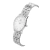 Women's oval silver watch with a stainless steel bracelet.