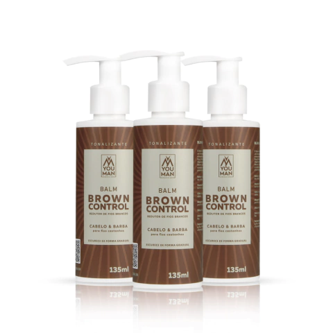 Kit com 3 unidades do Balm Brown Control para cabelo e barba, ideal para escurecer fios brancos gradualmente, com 135ml cada.