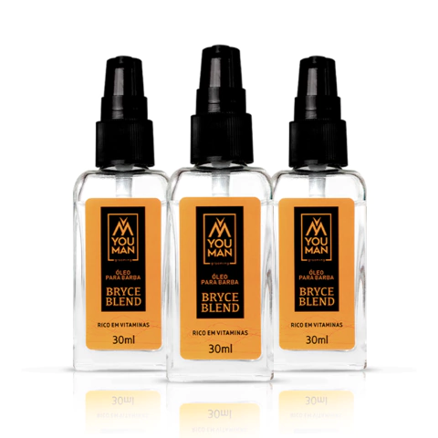 Três frascos de óleo para barba da linha Bryce Blend da marca You Man, com 30ml cada, rotulados e ricos em vitaminas.