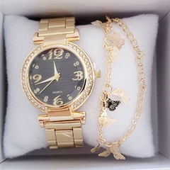 Relógio Feminino Luxo Dourado Fundo Preto + Pulseira Feminina - Vibe Óculos
