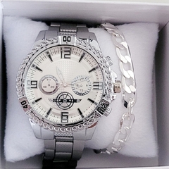 Relógio Masculino Luxo prata + Pulseira Masculina - Vibe Óculos