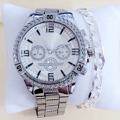 Relógio Masculino Luxo prata + Pulseira Masculina